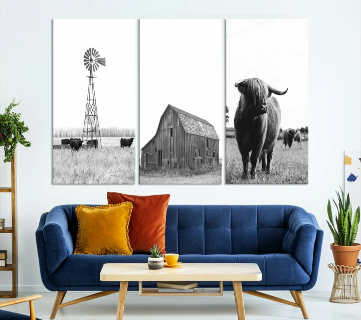 The Rustic Farmhouse Wall Art Canvas Print features three panels depicting a windmill, barn, and Highland cow in black and white.