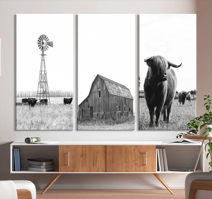 The Rustic Farmhouse Wall Art Canvas Print features three panels depicting a windmill, barn, and Highland cow in black and white.