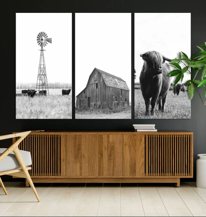 The Rustic Farmhouse Wall Art Canvas Print features three panels depicting a windmill, barn, and Highland cow in black and white.