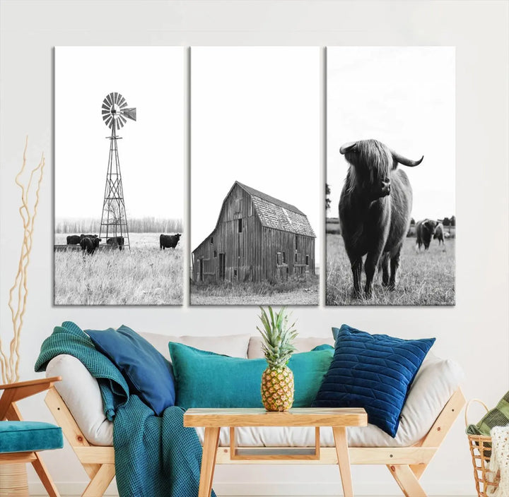 The Rustic Farmhouse Wall Art Canvas Print features three panels depicting a windmill, barn, and Highland cow in black and white.