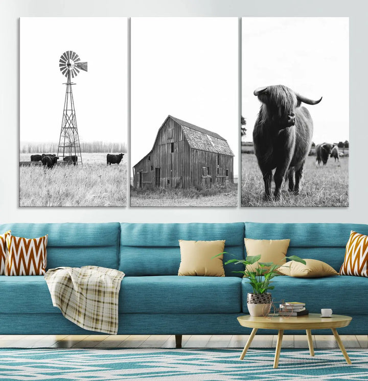 The Rustic Farmhouse Wall Art Canvas Print features three panels depicting a windmill, barn, and Highland cow in black and white.