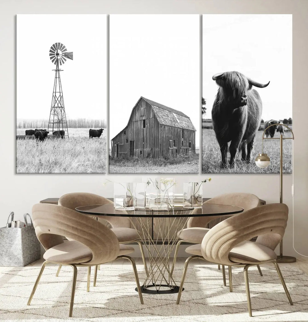 The Rustic Farmhouse Wall Art Canvas Print features three panels depicting a windmill, barn, and Highland cow in black and white.