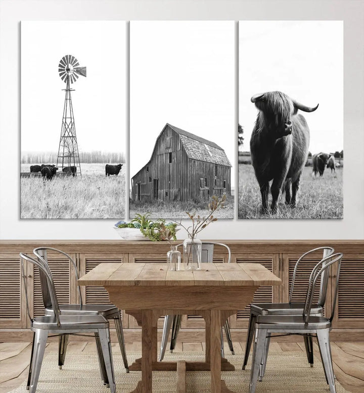 The Rustic Farmhouse Wall Art Canvas Print features three panels depicting a windmill, barn, and Highland cow in black and white.