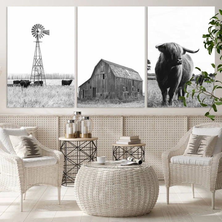 The Rustic Farmhouse Wall Art Canvas Print features three panels depicting a windmill, barn, and Highland cow in black and white.