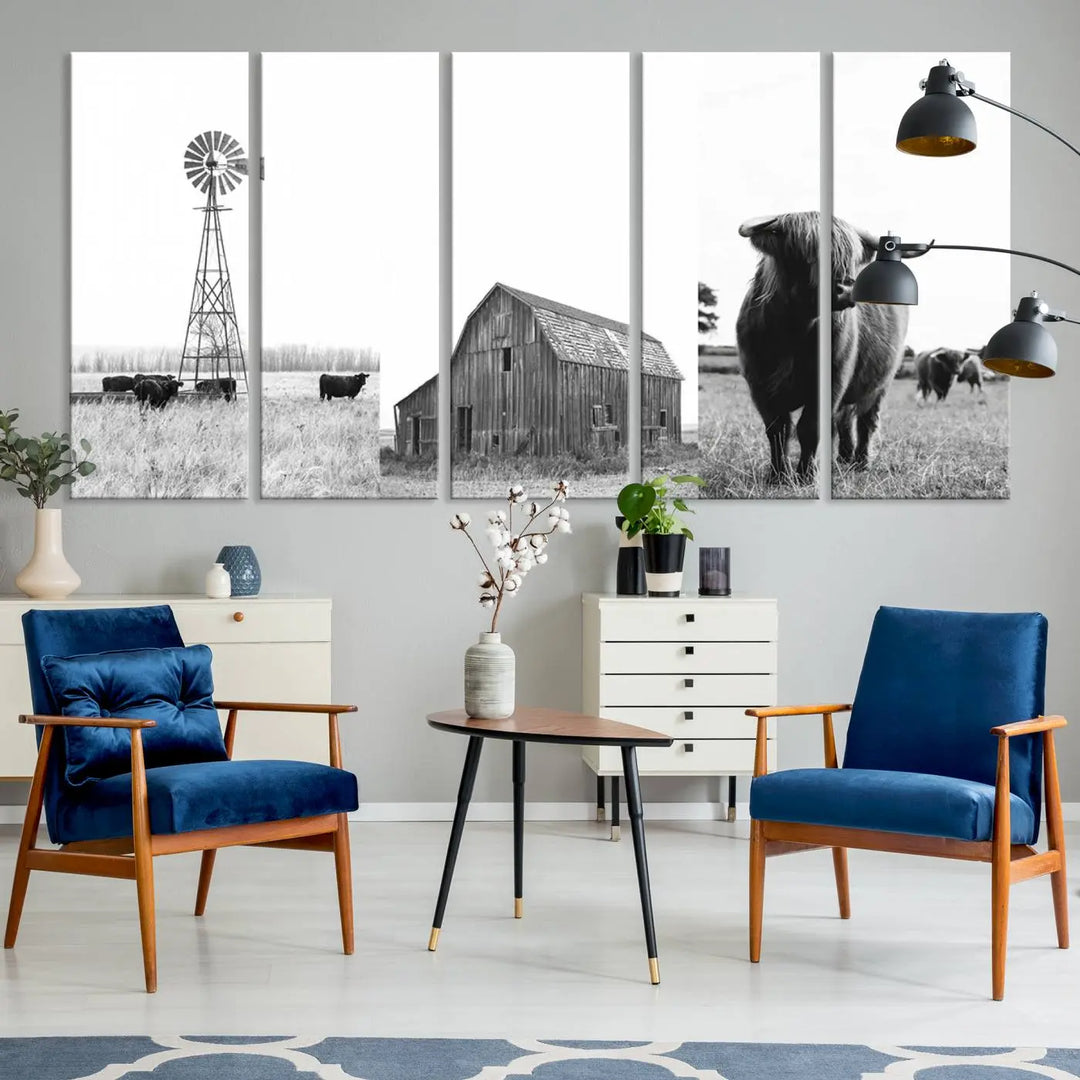 The Rustic Farmhouse Wall Art Canvas Print features three panels depicting a windmill, barn, and Highland cow in black and white.