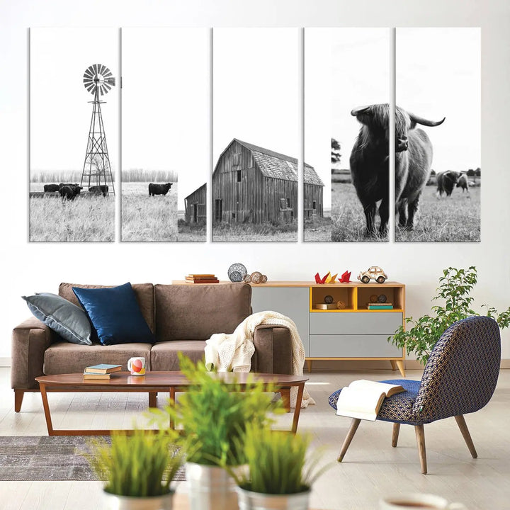 The Rustic Farmhouse Wall Art Canvas Print features three panels depicting a windmill, barn, and Highland cow in black and white.