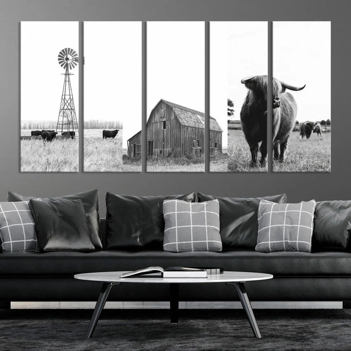 The Rustic Farmhouse Wall Art Canvas Print features three panels depicting a windmill, barn, and Highland cow in black and white.