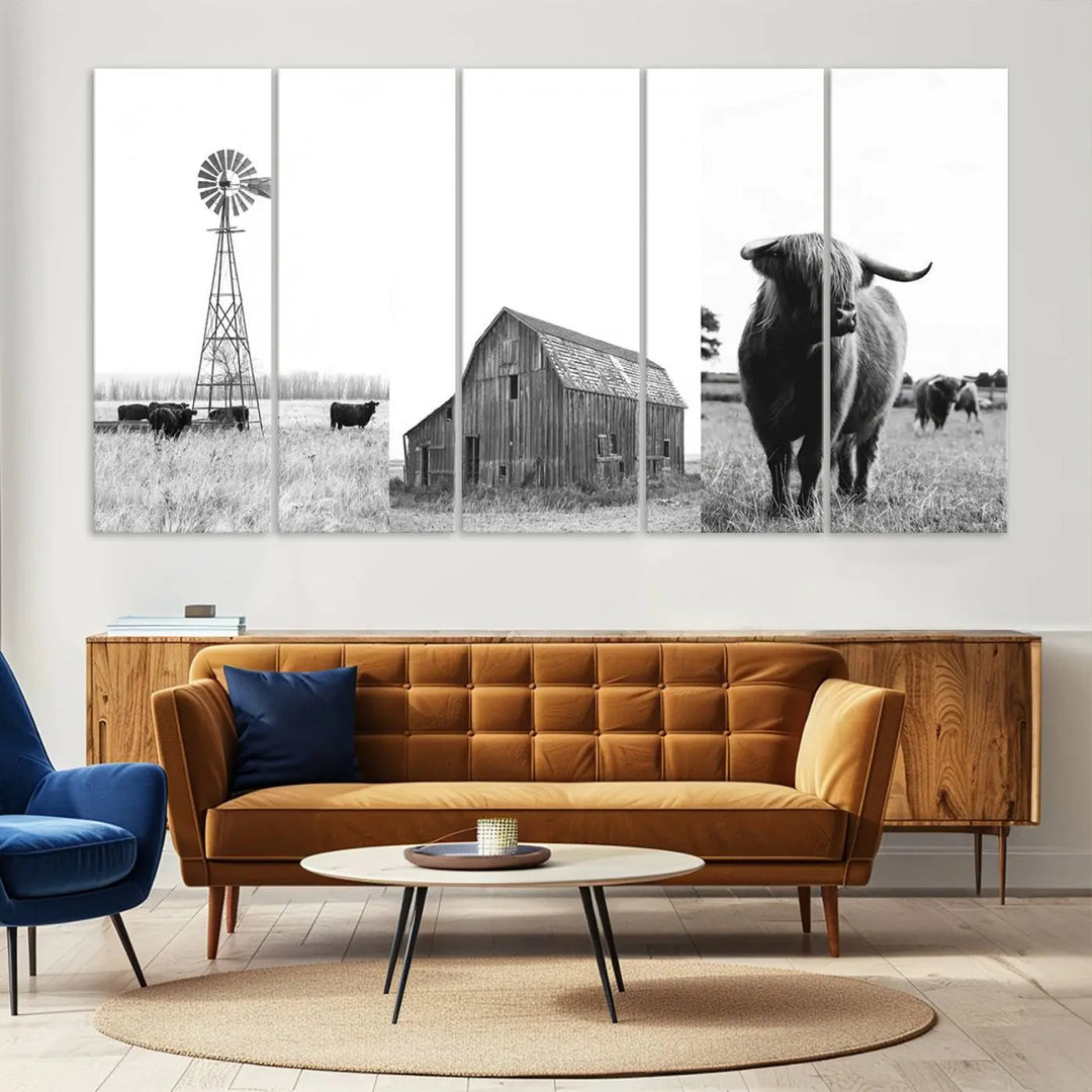 The Rustic Farmhouse Wall Art Canvas Print features three panels depicting a windmill, barn, and Highland cow in black and white.