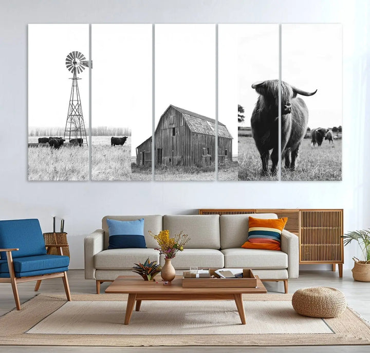 The Rustic Farmhouse Wall Art Canvas Print features three panels depicting a windmill, barn, and Highland cow in black and white.