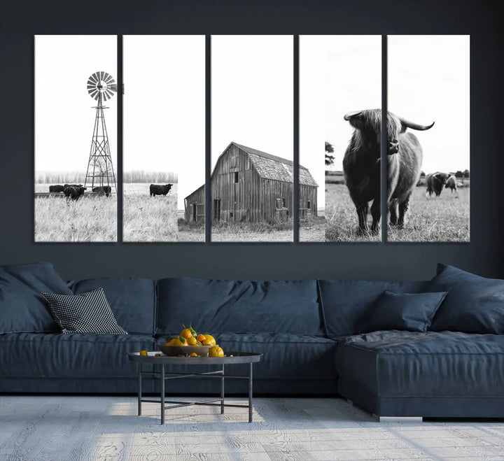 The Rustic Farmhouse Wall Art Canvas Print features three panels depicting a windmill, barn, and Highland cow in black and white.