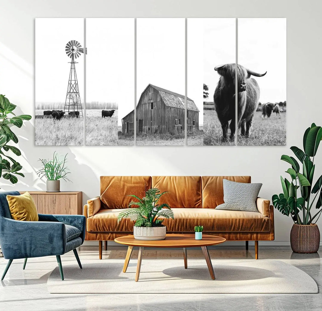 The Rustic Farmhouse Wall Art Canvas Print features three panels depicting a windmill, barn, and Highland cow in black and white.