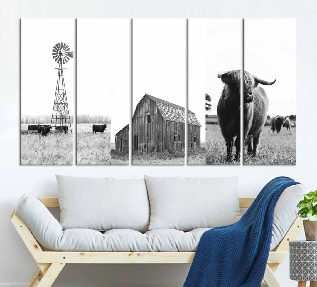 The Rustic Farmhouse Wall Art Canvas Print features three panels depicting a windmill, barn, and Highland cow in black and white.