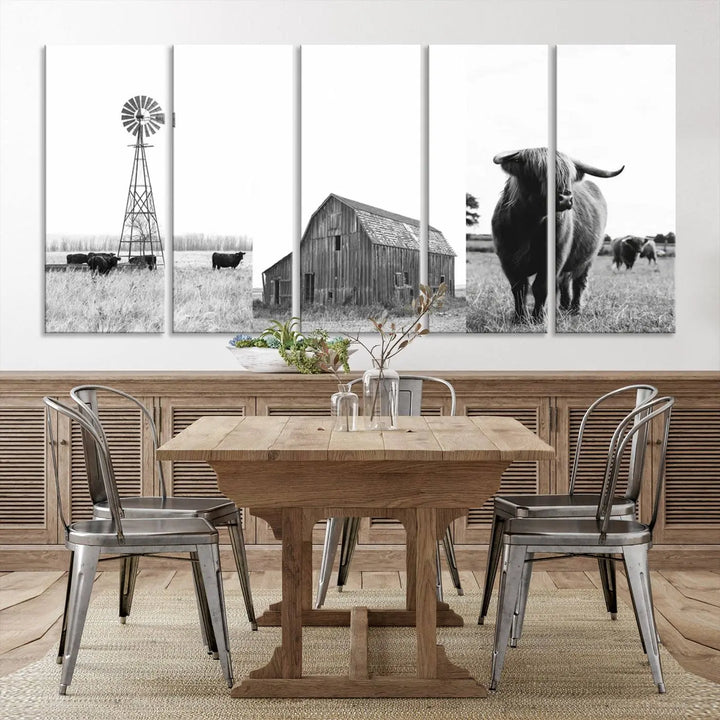 The Rustic Farmhouse Wall Art Canvas Print features three panels depicting a windmill, barn, and Highland cow in black and white.