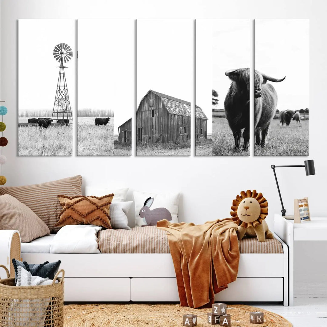 The Rustic Farmhouse Wall Art Canvas Print features three panels depicting a windmill, barn, and Highland cow in black and white.