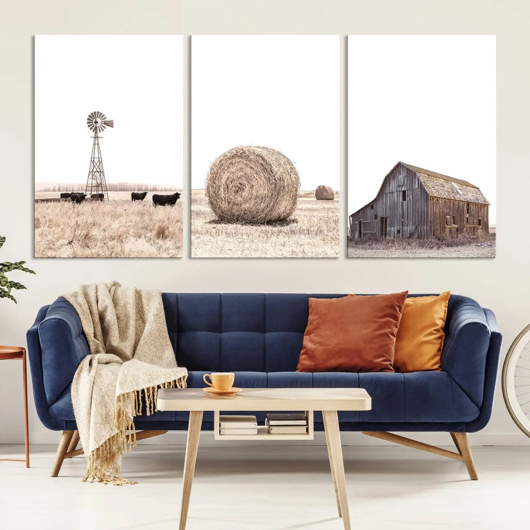 A captivating art set titled "Rustic Farmhouse Wall Art Set of 3 – Country Barn and Wheat Field" adorns the room. These farm prints, depicting a windmill, cattle, hay bale, and weathered barn by a serene wheat field, beautifully enhance the country home and gallery wall decor.