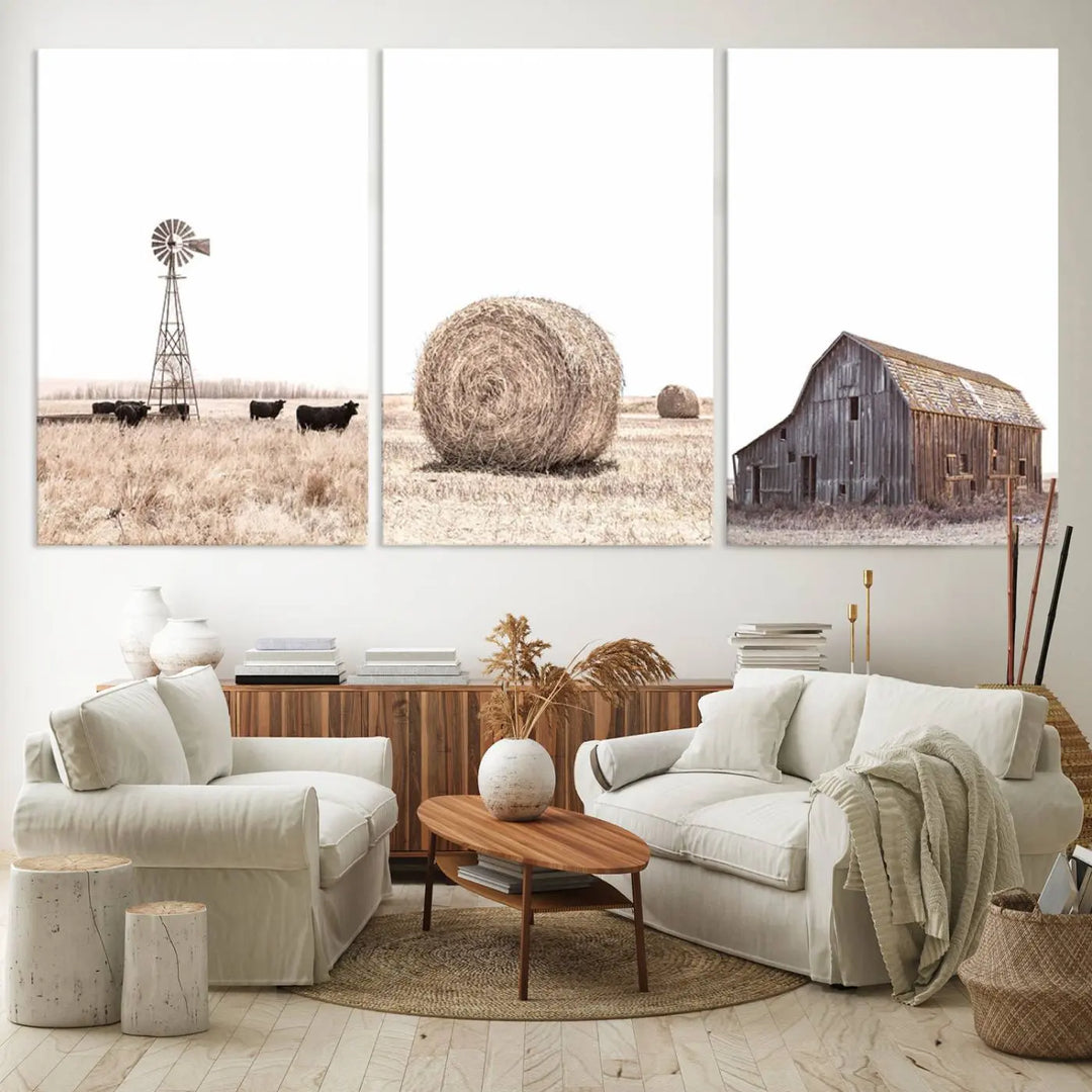 A captivating art set titled "Rustic Farmhouse Wall Art Set of 3 – Country Barn and Wheat Field" adorns the room. These farm prints, depicting a windmill, cattle, hay bale, and weathered barn by a serene wheat field, beautifully enhance the country home and gallery wall decor.