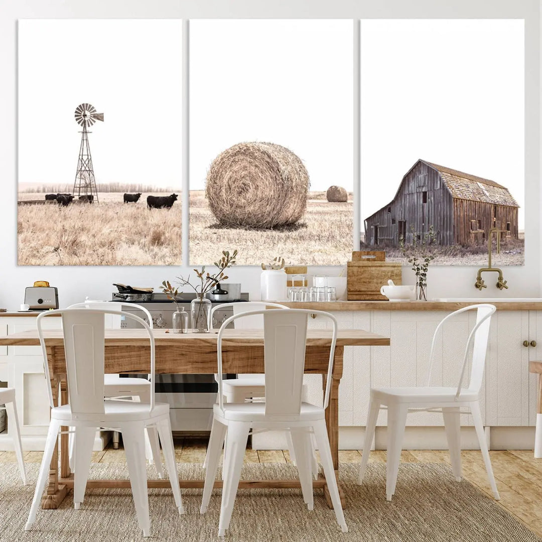 A captivating art set titled "Rustic Farmhouse Wall Art Set of 3 – Country Barn and Wheat Field" adorns the room. These farm prints, depicting a windmill, cattle, hay bale, and weathered barn by a serene wheat field, beautifully enhance the country home and gallery wall decor.