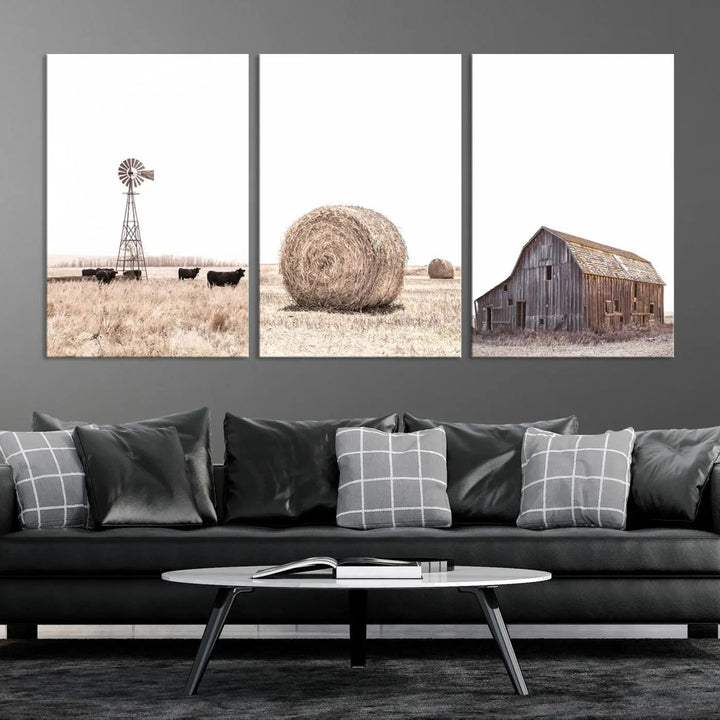 A captivating art set titled "Rustic Farmhouse Wall Art Set of 3 – Country Barn and Wheat Field" adorns the room. These farm prints, depicting a windmill, cattle, hay bale, and weathered barn by a serene wheat field, beautifully enhance the country home and gallery wall decor.