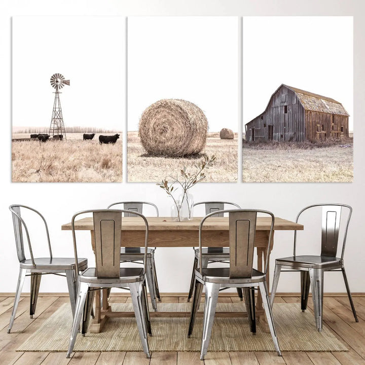 A captivating art set titled "Rustic Farmhouse Wall Art Set of 3 – Country Barn and Wheat Field" adorns the room. These farm prints, depicting a windmill, cattle, hay bale, and weathered barn by a serene wheat field, beautifully enhance the country home and gallery wall decor.