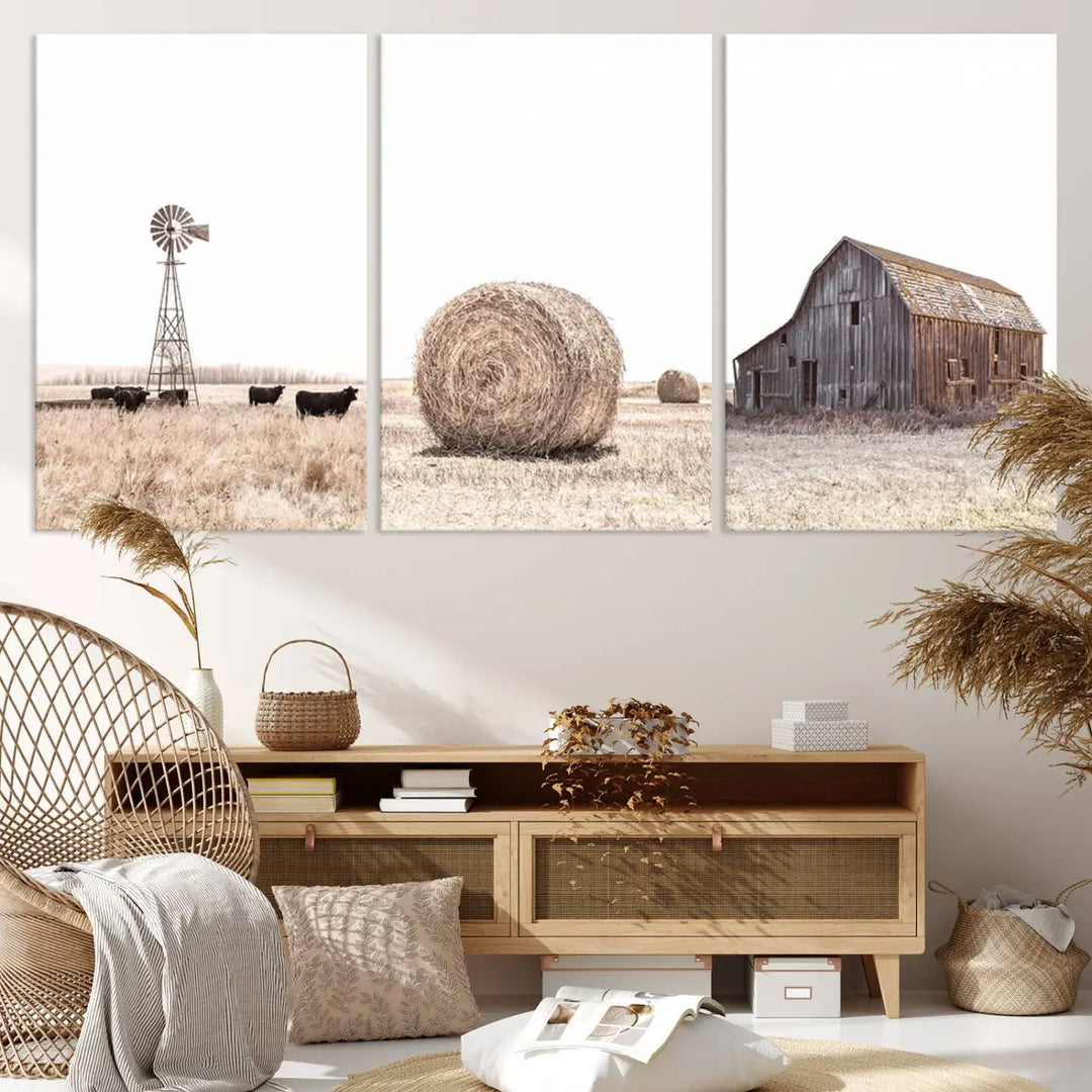 A captivating art set titled "Rustic Farmhouse Wall Art Set of 3 – Country Barn and Wheat Field" adorns the room. These farm prints, depicting a windmill, cattle, hay bale, and weathered barn by a serene wheat field, beautifully enhance the country home and gallery wall decor.