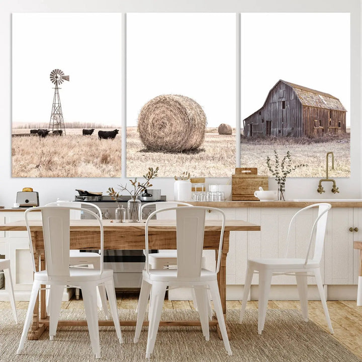 A captivating art set titled "Rustic Farmhouse Wall Art Set of 3 – Country Barn and Wheat Field" adorns the room. These farm prints, depicting a windmill, cattle, hay bale, and weathered barn by a serene wheat field, beautifully enhance the country home and gallery wall decor.