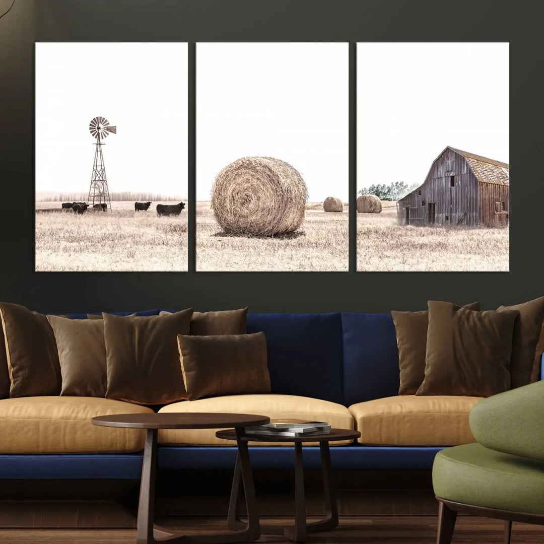 The Rustic Farmhouse Wheat Fields and Windmill Triptych – Giclée Canvas Art Print captures a rustic charm, depicting a windmill set against a peaceful rural field backdrop, perfect for country-style living room or kitchen decor.