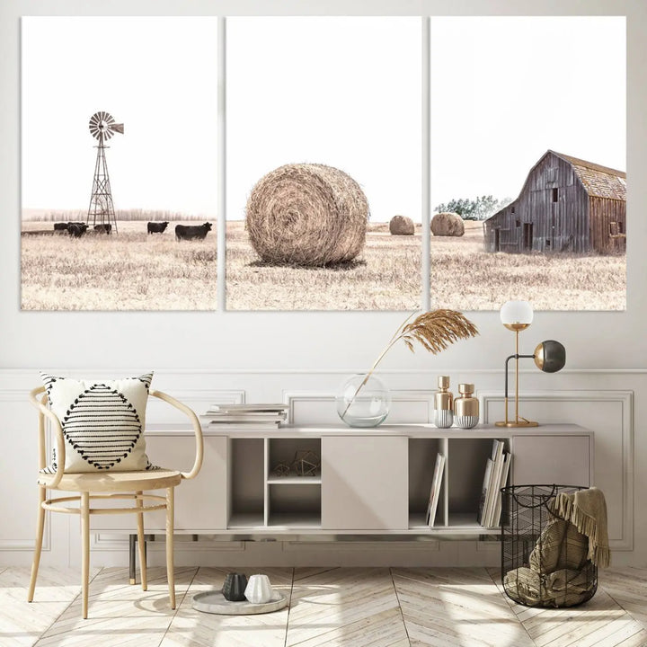 The Rustic Farmhouse Wheat Fields and Windmill Triptych – Giclée Canvas Art Print captures a rustic charm, depicting a windmill set against a peaceful rural field backdrop, perfect for country-style living room or kitchen decor.