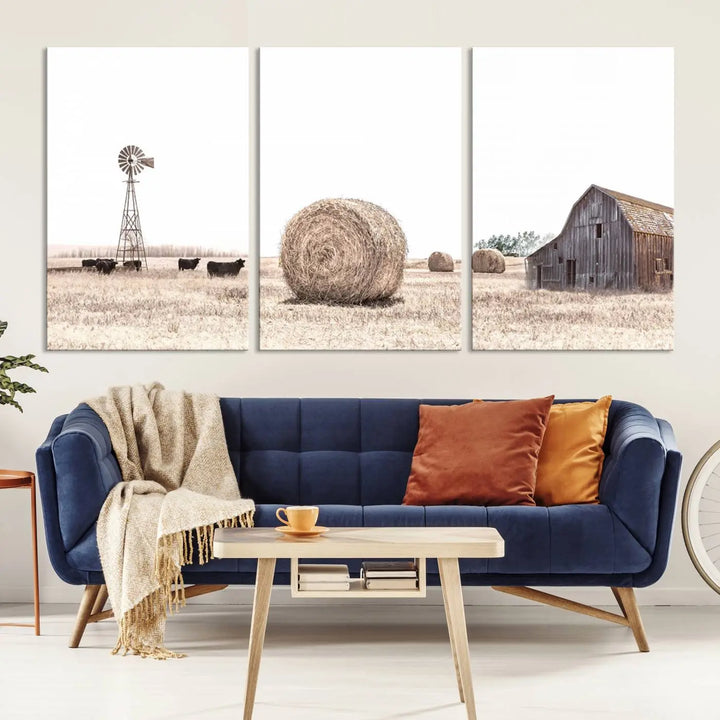 The Rustic Farmhouse Wheat Fields and Windmill Triptych – Giclée Canvas Art Print captures a rustic charm, depicting a windmill set against a peaceful rural field backdrop, perfect for country-style living room or kitchen decor.