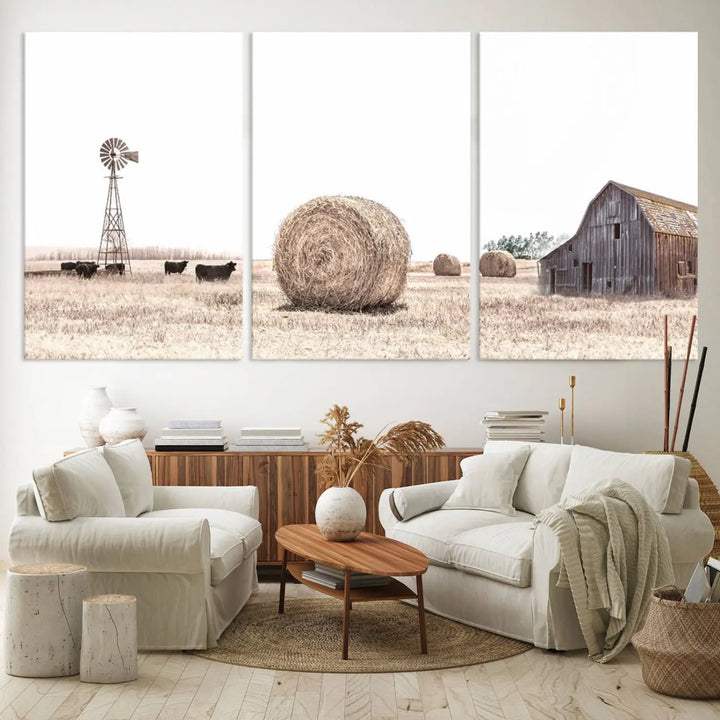 Rustic Farmhouse Wheat Fields and Windmill Triptych – Giclée Canvas Art Print for Country Style Living Room or Kitchen Decor 