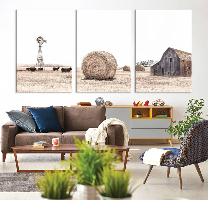 Rustic Farmhouse Wheat Fields and Windmill Triptych – Giclée Canvas Art Print for Country Style Living Room or Kitchen Decor 