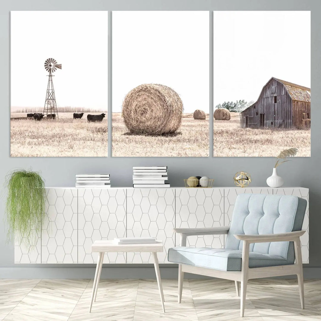 Rustic Farmhouse Wheat Fields and Windmill Triptych – Giclée Canvas Art Print for Country Style Living Room or Kitchen Decor 