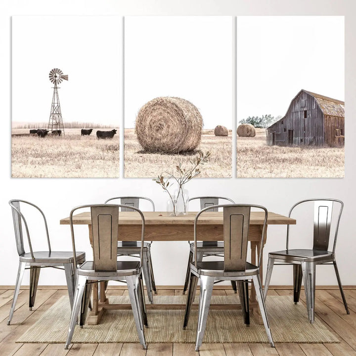 Rustic Farmhouse Wheat Fields and Windmill Triptych – Giclée Canvas Art Print for Country Style Living Room or Kitchen Decor 