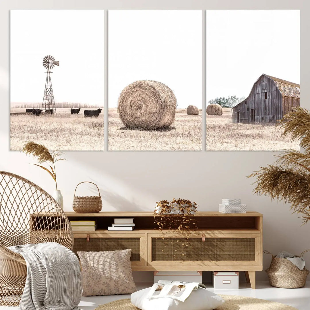 Rustic Farmhouse Wheat Fields and Windmill Triptych – Giclée Canvas Art Print for Country Style Living Room or Kitchen Decor 