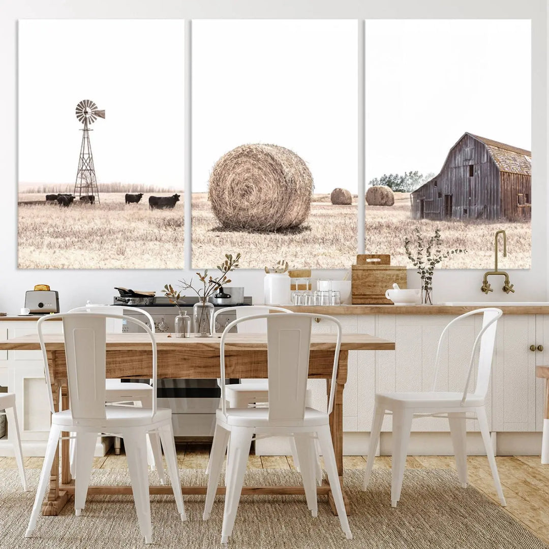 The Rustic Farmhouse Wheat Fields and Windmill Triptych – Giclée Canvas Art Print captures a rustic charm, depicting a windmill set against a peaceful rural field backdrop, perfect for country-style living room or kitchen decor.