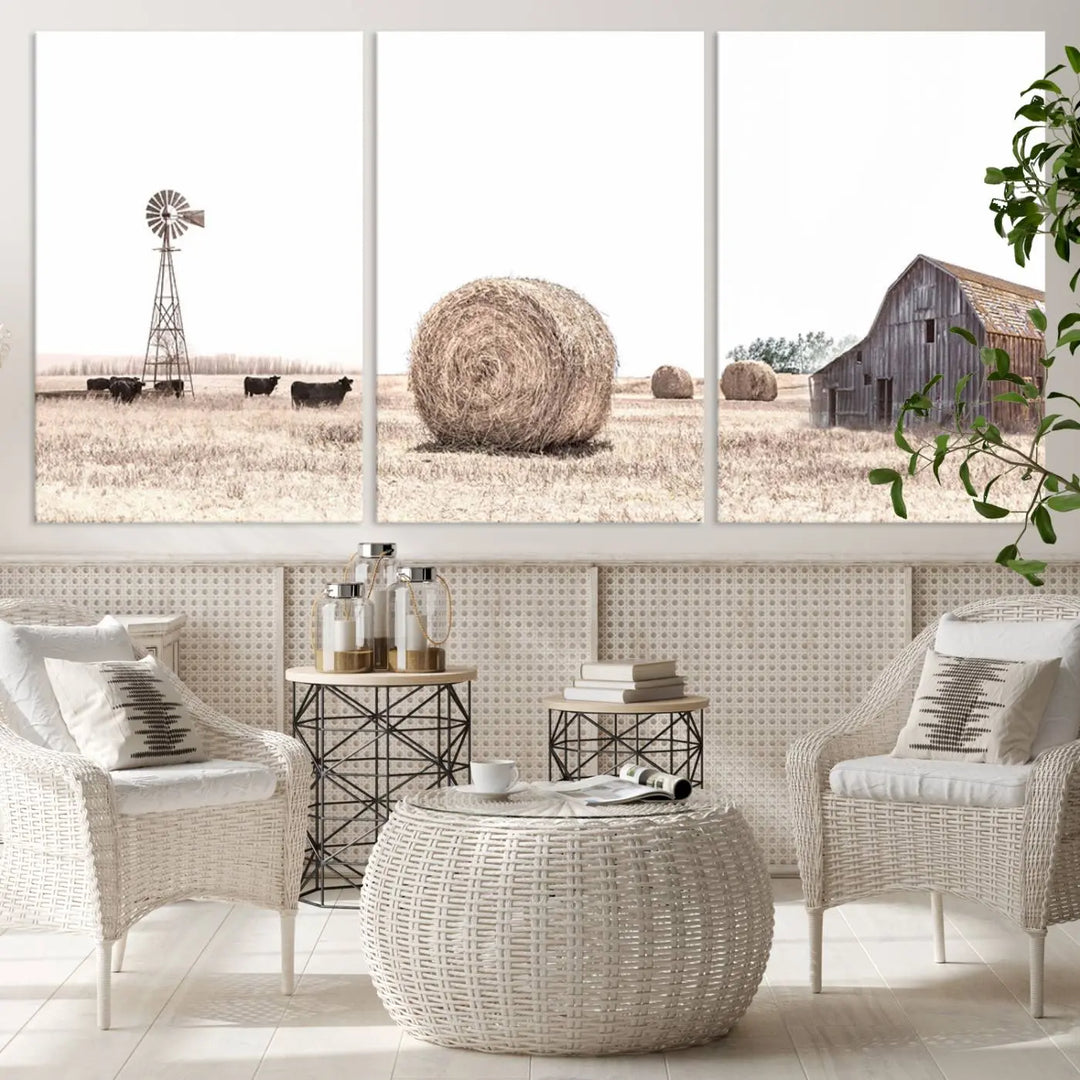 The Rustic Farmhouse Wheat Fields and Windmill Triptych – Giclée Canvas Art Print captures a rustic charm, depicting a windmill set against a peaceful rural field backdrop, perfect for country-style living room or kitchen decor.