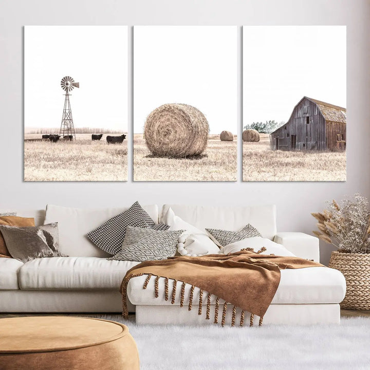 The Rustic Farmhouse Wheat Fields and Windmill Triptych – Giclée Canvas Art Print captures a rustic charm, depicting a windmill set against a peaceful rural field backdrop, perfect for country-style living room or kitchen decor.