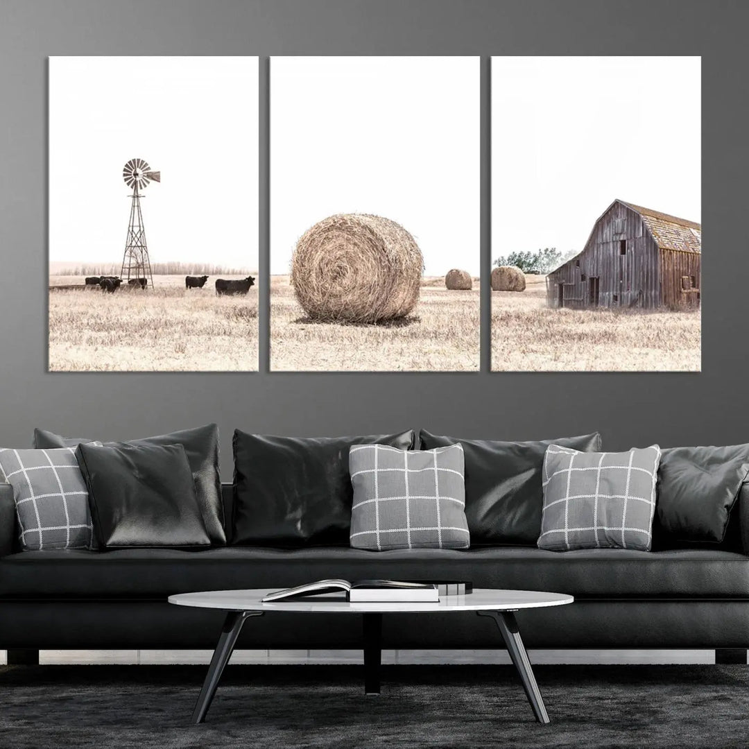 The Rustic Farmhouse Wheat Fields and Windmill Triptych – Giclée Canvas Art Print captures a rustic charm, depicting a windmill set against a peaceful rural field backdrop, perfect for country-style living room or kitchen decor.