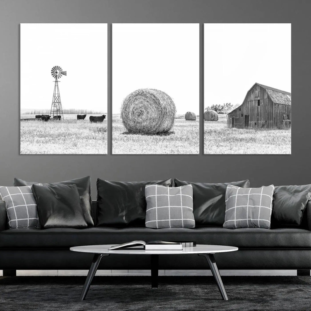 The Rustic Farmhouse Wheat Fields and Windmill Triptych is a giclée canvas art print that brings rustic charm to life with its depiction of cows, a windmill, hay bales, and a barn, creating perfect country-style decor.