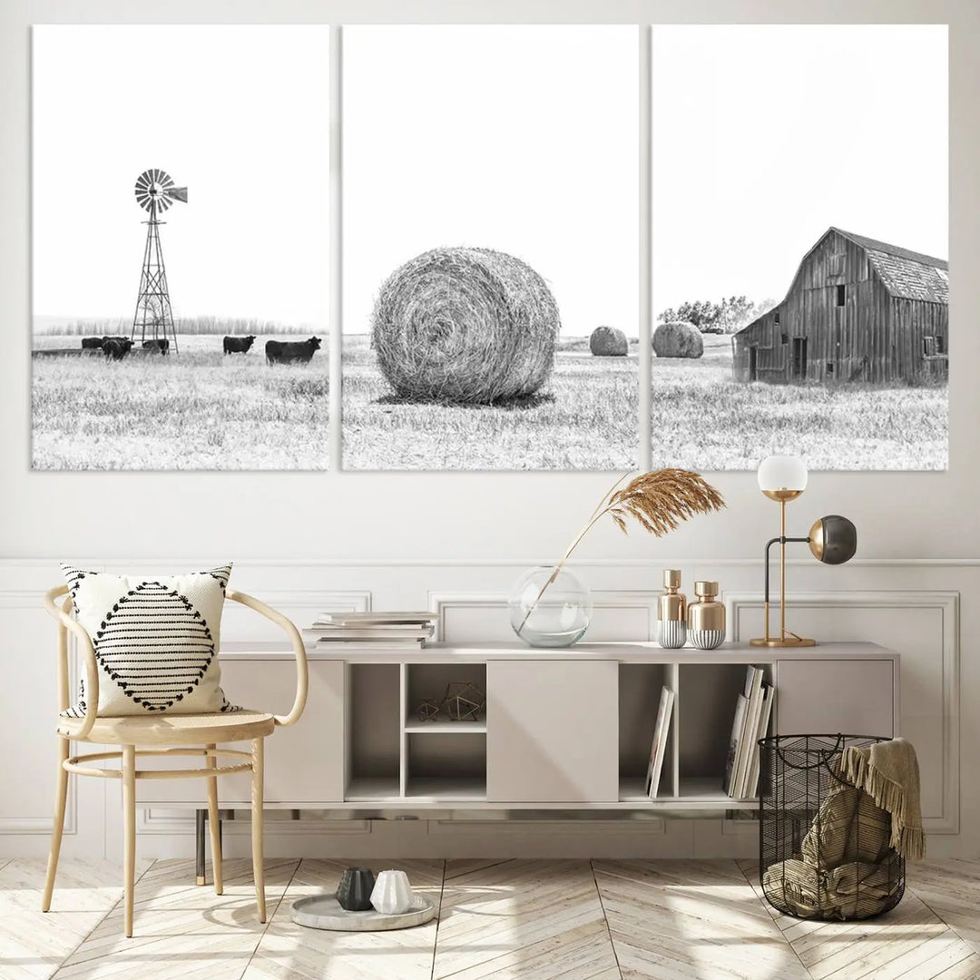 The Rustic Farmhouse Wheat Fields and Windmill Triptych is a giclée canvas art print that brings rustic charm to life with its depiction of cows, a windmill, hay bales, and a barn, creating perfect country-style decor.