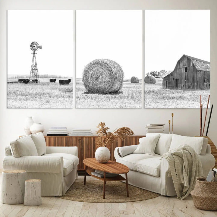 The Rustic Farmhouse Wheat Fields and Windmill Triptych is a giclée canvas art print that brings rustic charm to life with its depiction of cows, a windmill, hay bales, and a barn, creating perfect country-style decor.