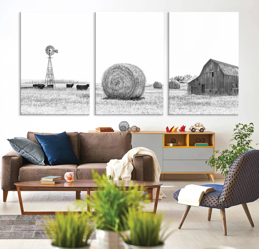 The Rustic Farmhouse Wheat Fields and Windmill Triptych is a giclée canvas art print that brings rustic charm to life with its depiction of cows, a windmill, hay bales, and a barn, creating perfect country-style decor.