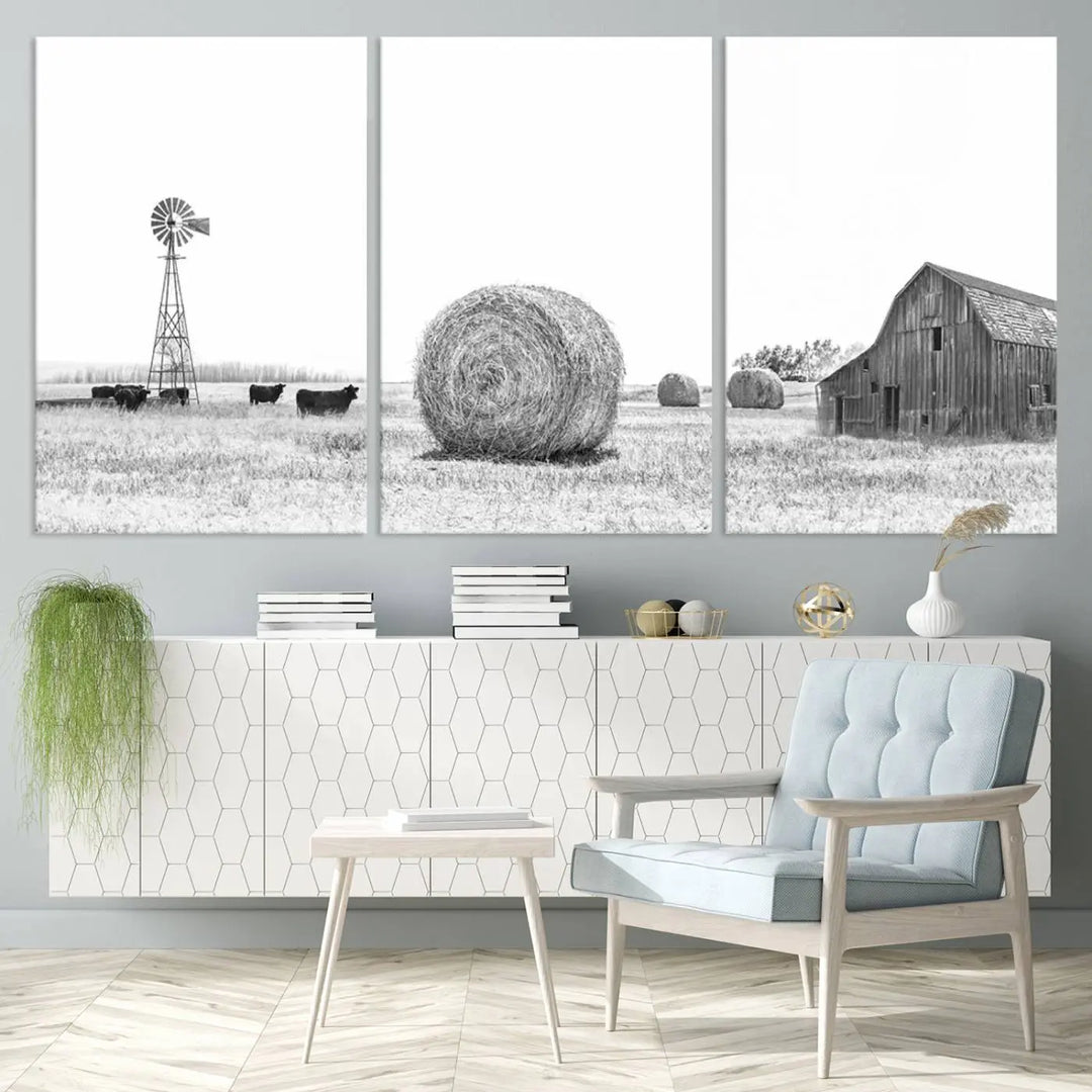 The Rustic Farmhouse Wheat Fields and Windmill Triptych is a giclée canvas art print that brings rustic charm to life with its depiction of cows, a windmill, hay bales, and a barn, creating perfect country-style decor.