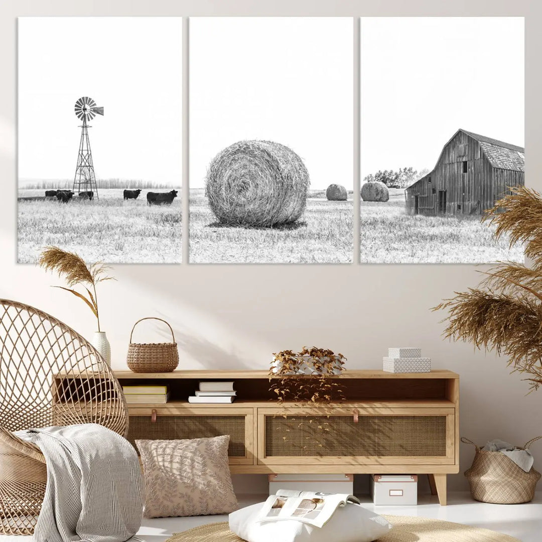 The Rustic Farmhouse Wheat Fields and Windmill Triptych is a giclée canvas art print that brings rustic charm to life with its depiction of cows, a windmill, hay bales, and a barn, creating perfect country-style decor.