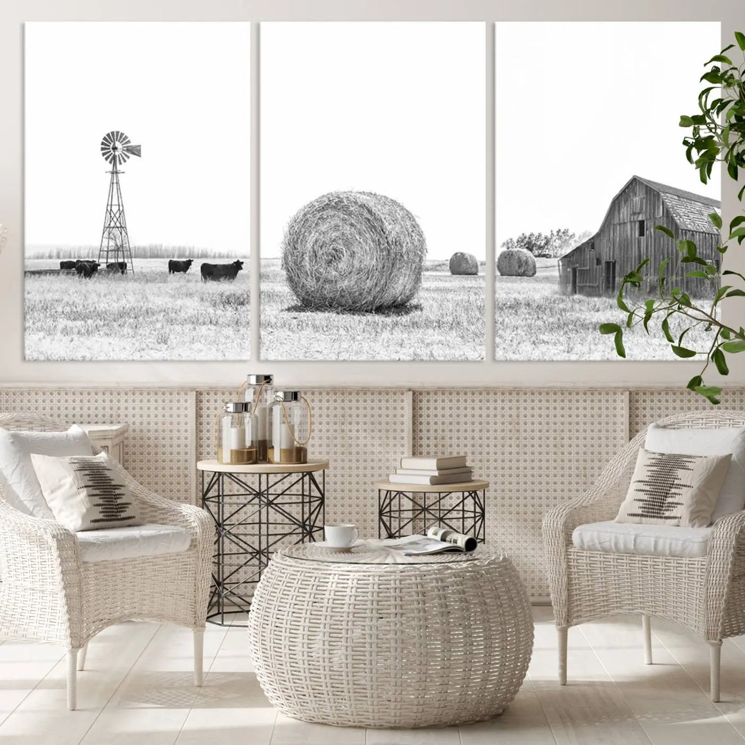 The Rustic Farmhouse Wheat Fields and Windmill Triptych is a giclée canvas art print that brings rustic charm to life with its depiction of cows, a windmill, hay bales, and a barn, creating perfect country-style decor.