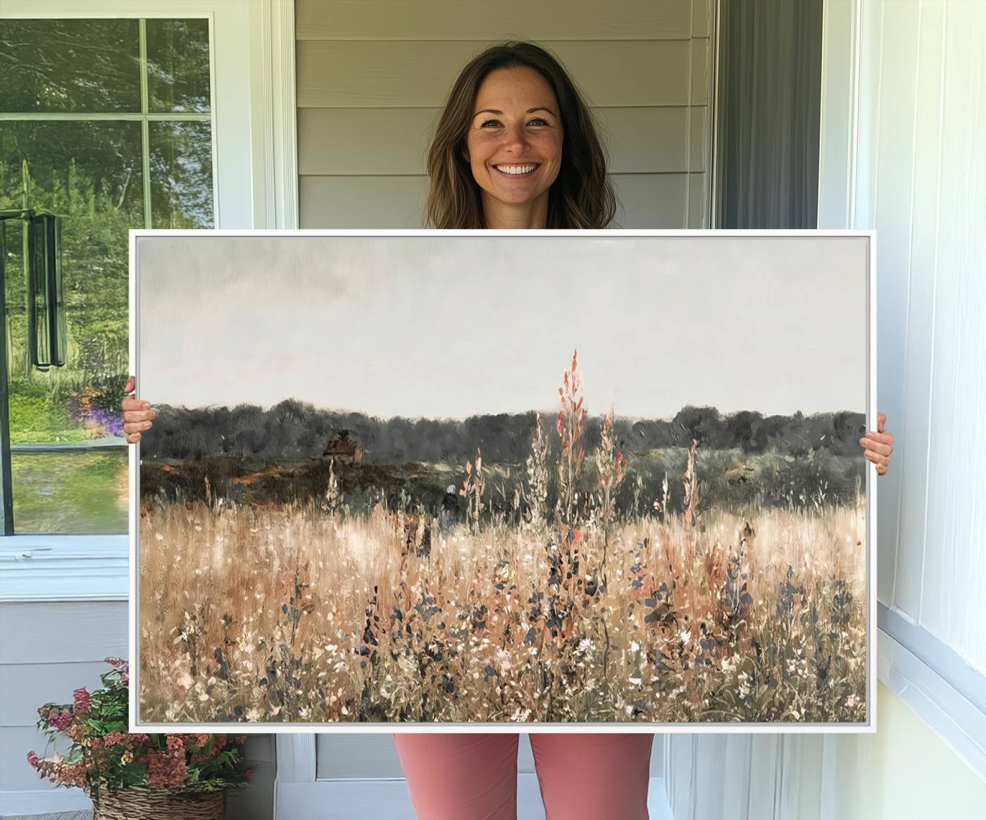 16595-MGV-CV-36X24-Rustic Field Landscape Wall Art Print, Giclee Canvas Wall Art for Modern Homes, Warm Meadow and Wildflower Art Print