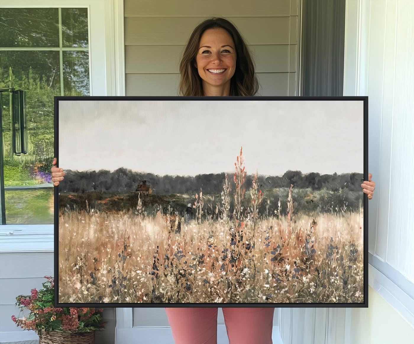 16595-MGV-CV-36X24-Rustic Field Landscape Wall Art Print, Giclee Canvas Wall Art for Modern Homes, Warm Meadow and Wildflower Art Print