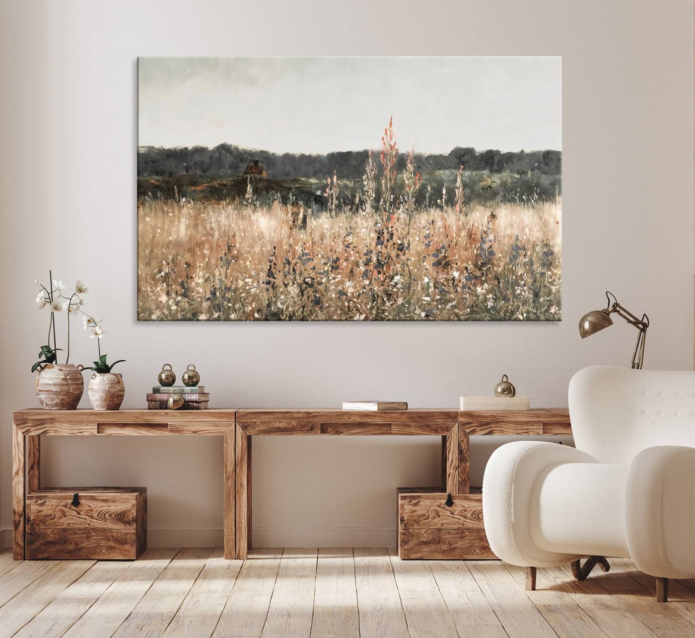 16595-MGV-CV-36X24-Rustic Field Landscape Wall Art Print, Giclee Canvas Wall Art for Modern Homes, Warm Meadow and Wildflower Art Print