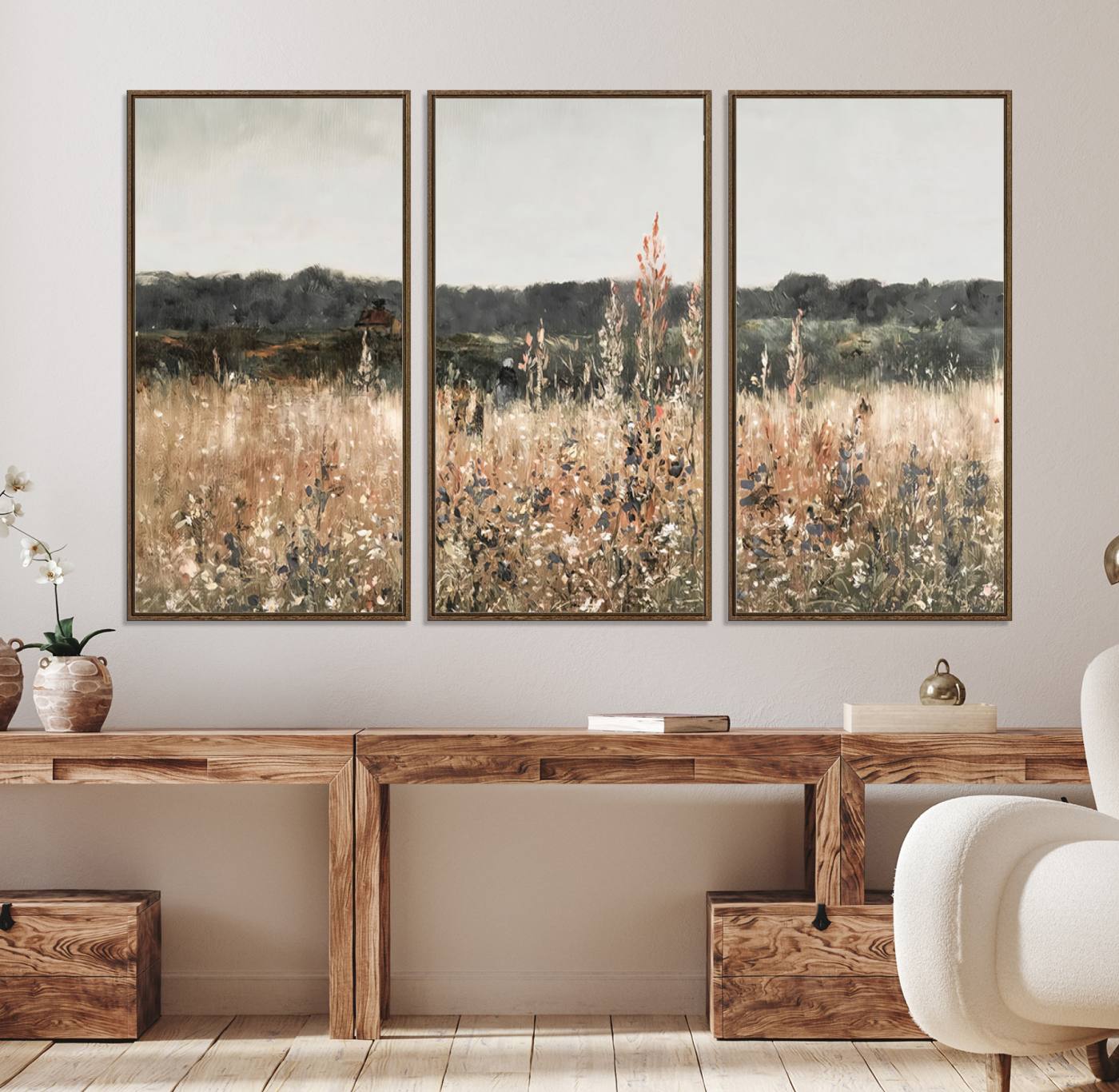 16595-MGV-FC-48X32-3P_Walnut-Rustic Field Landscape Wall Art Print, Giclee Canvas Wall Art for Modern Homes, Warm Meadow and Wildflower Art Print