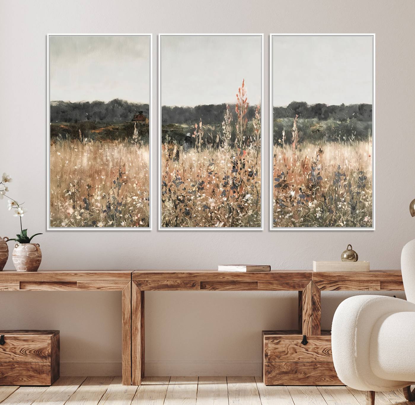 16595-MGV-FC-48X32-3P_White-Rustic Field Landscape Wall Art Print, Giclee Canvas Wall Art for Modern Homes, Warm Meadow and Wildflower Art Print
