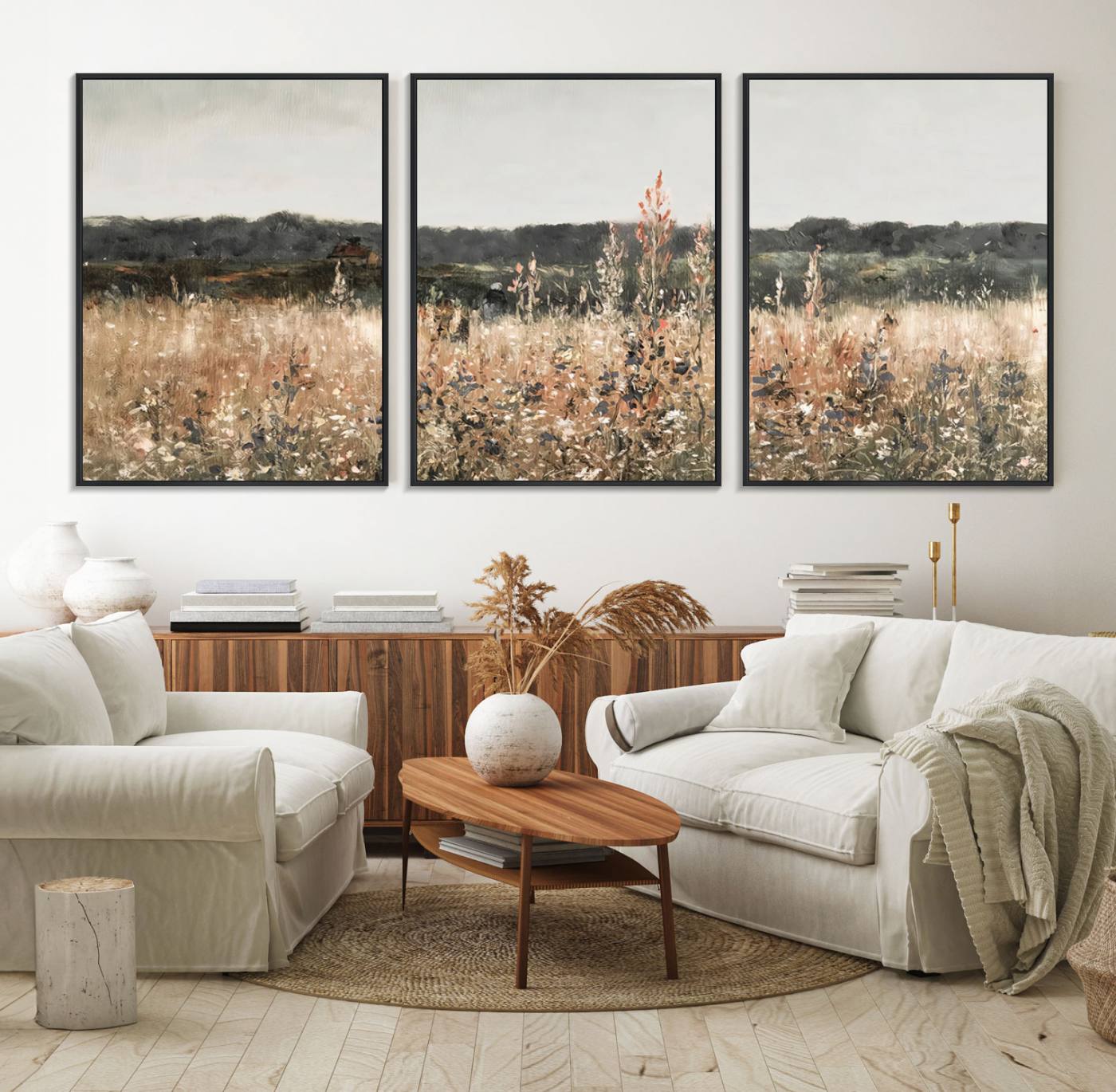 16595-MGV-FC-60X30-3P_Black-Rustic Field Landscape Wall Art Print, Giclee Canvas Wall Art for Modern Homes, Warm Meadow and Wildflower Art Print